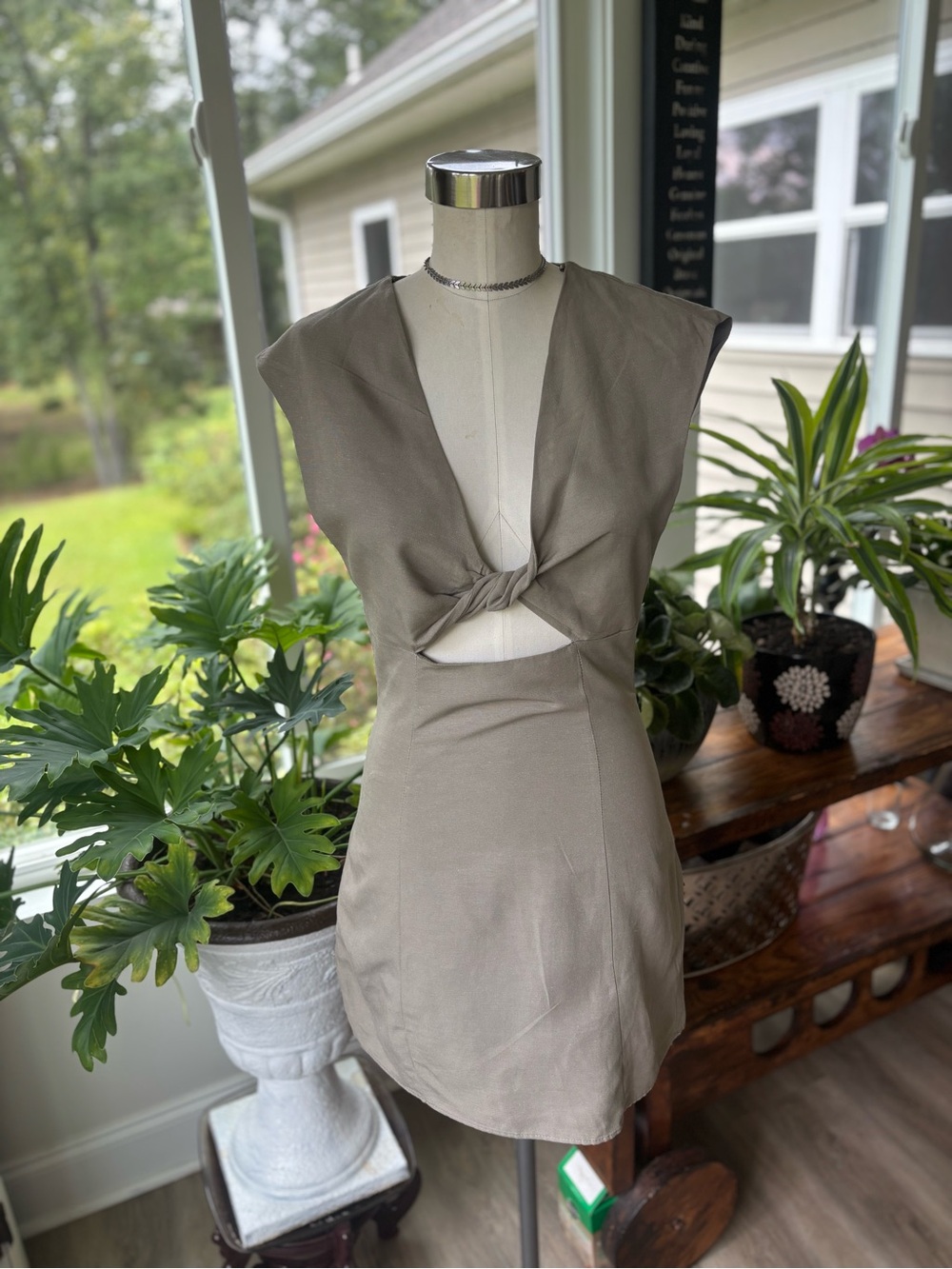 Zara Taupe Knot-Front Mini Dress with Cutout